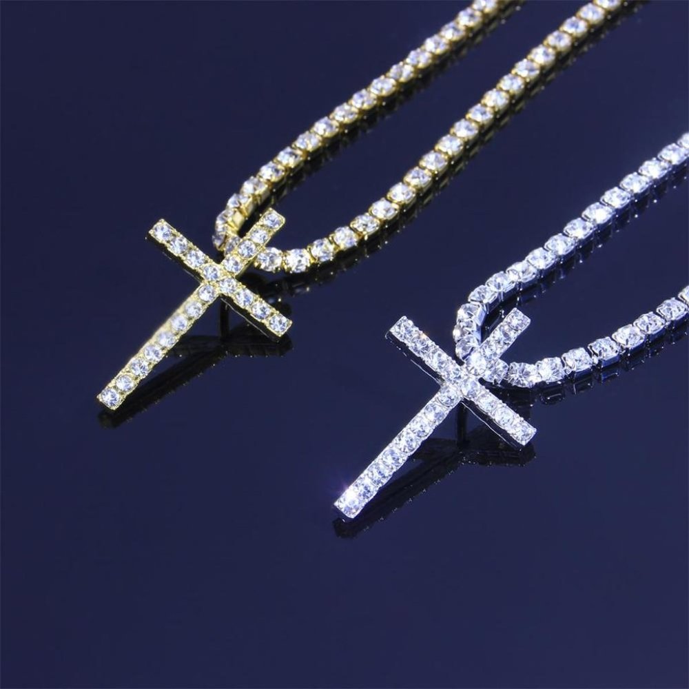 Big Cross Necklace Tennis Chain Crystal Rhinestone Choker Necklace Women Collar - Picture 6 of 8
